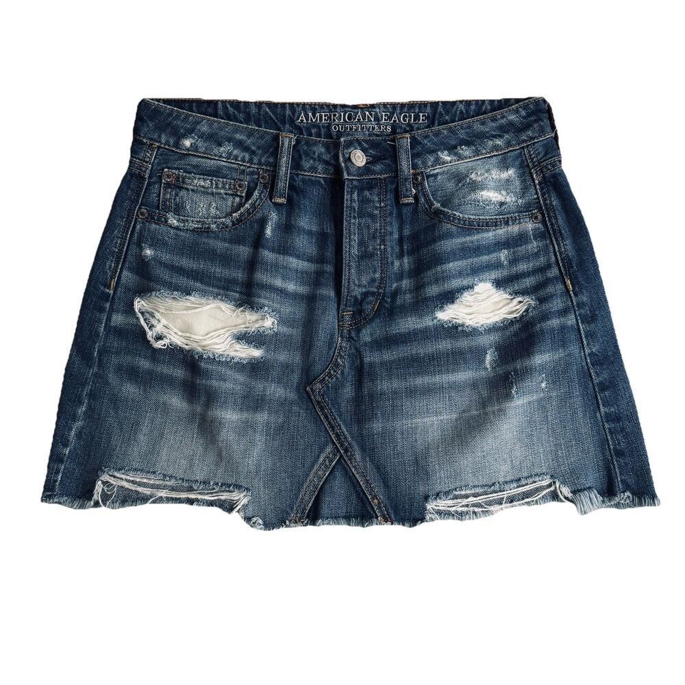 American Eagle Denim Mini Skirt 4 (28x14.5) Distressed Blue Cotton Button Womens
